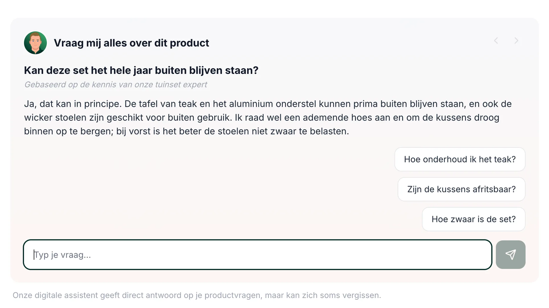 The widget on a Kees Smit product page answering whether the garden set can stay outside all year