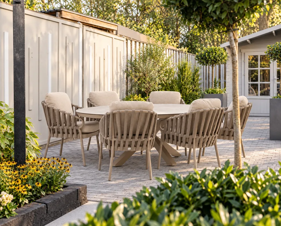 A round garden set with rope chairs on a patio beside a fence