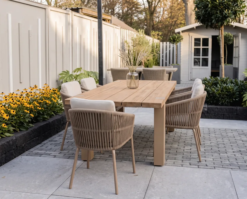 A rectangular teak garden table with chairs next to a flower border