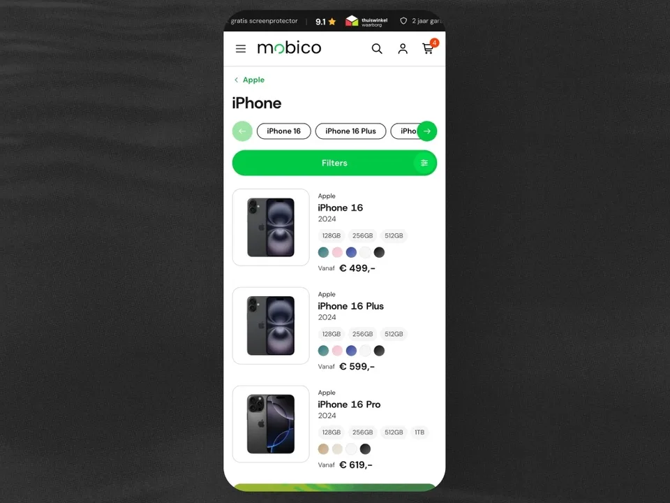 Categoriepagina met iPhone 16-modellen op het nieuwe Mobico-platform, op een smartphone