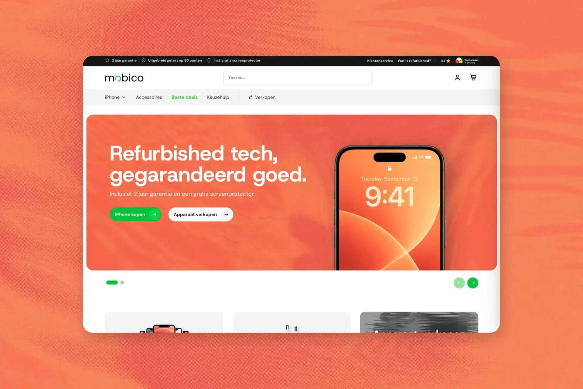 De homepage van het nieuwe Mobico-platform met refurbished iPhones, op een oranje achtergrond