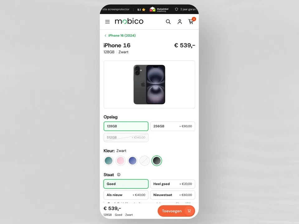 Productpagina van een iPhone 16 met keuzes voor opslag, kleur en staat op het nieuwe Mobico-platform