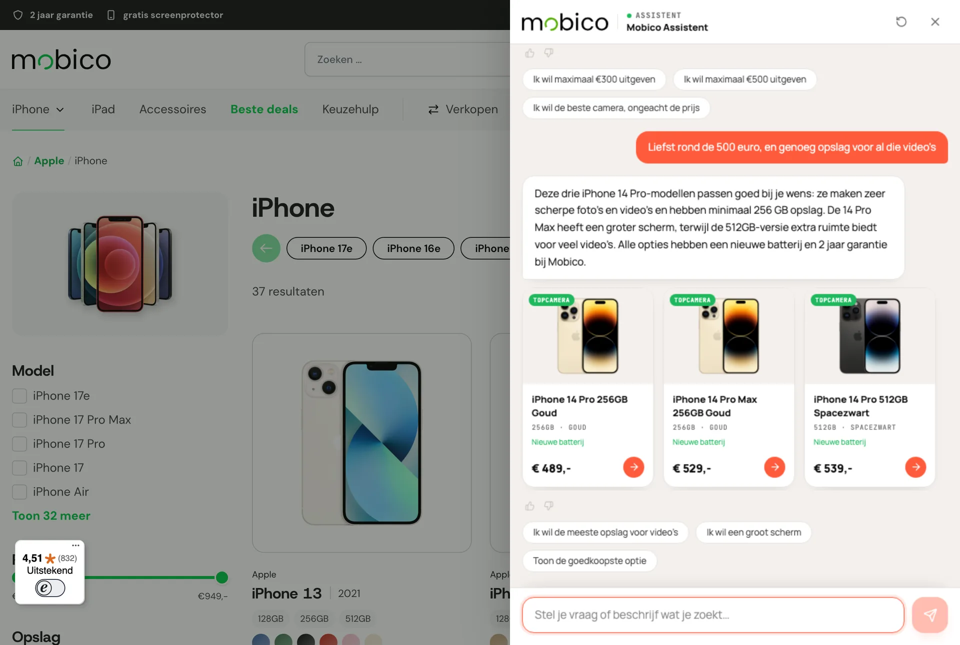 Sero Shopping Assistant op mobico.nl adviseert drie iPhone 14 Pro-modellen met minimaal 256 GB opslag, na een vraag over budget en video's