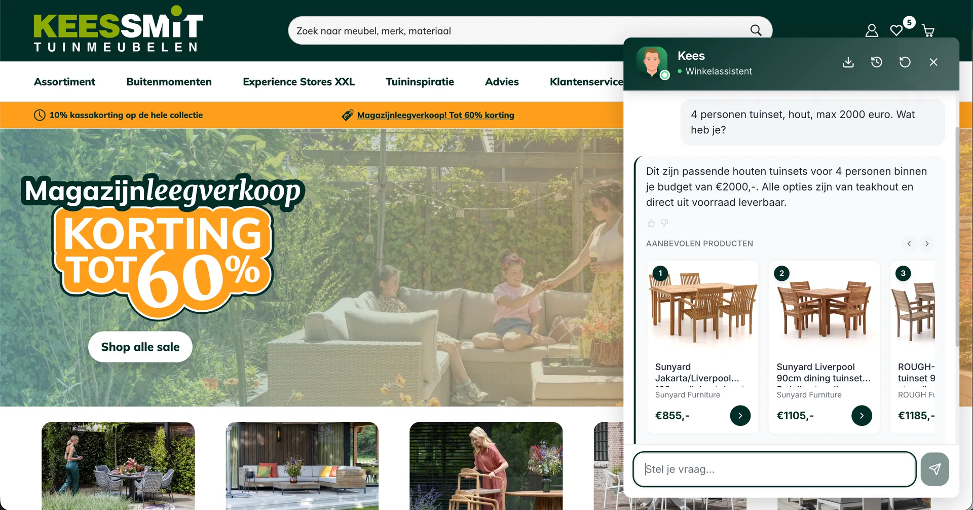 Sero Shopping Assistant on the Kees Smit site showing recommended garden sets with brand and price after a question about material and budget
