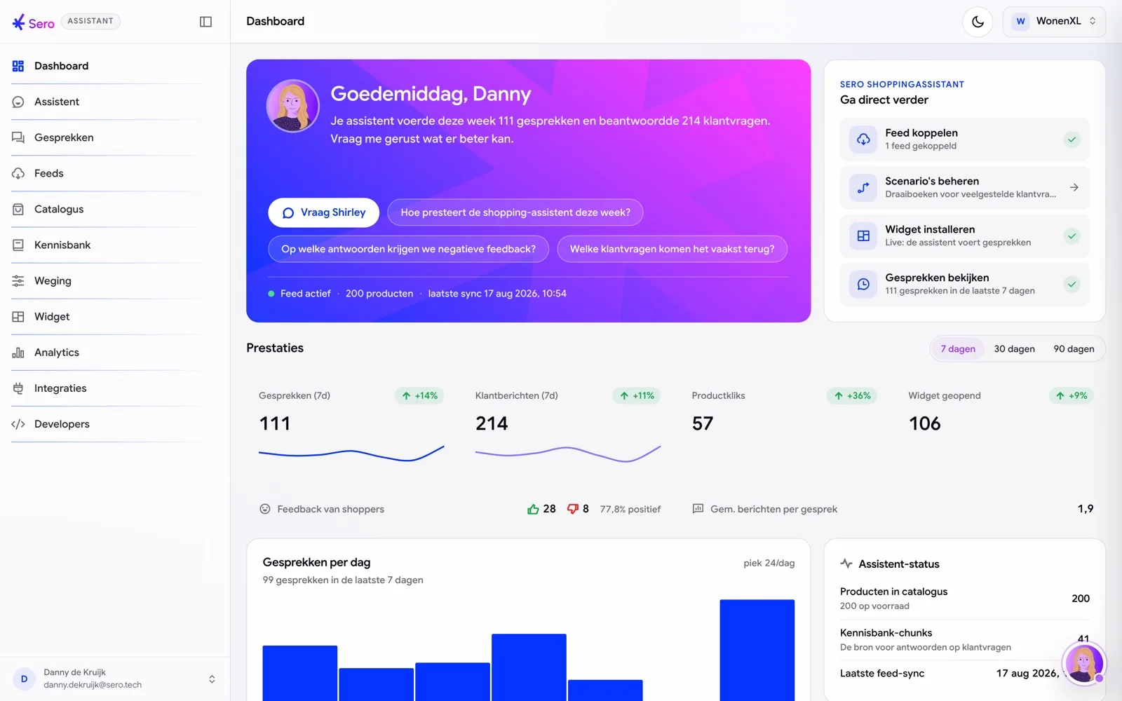 Sero Shopping Assistant demo dashboard with conversations and product clicks