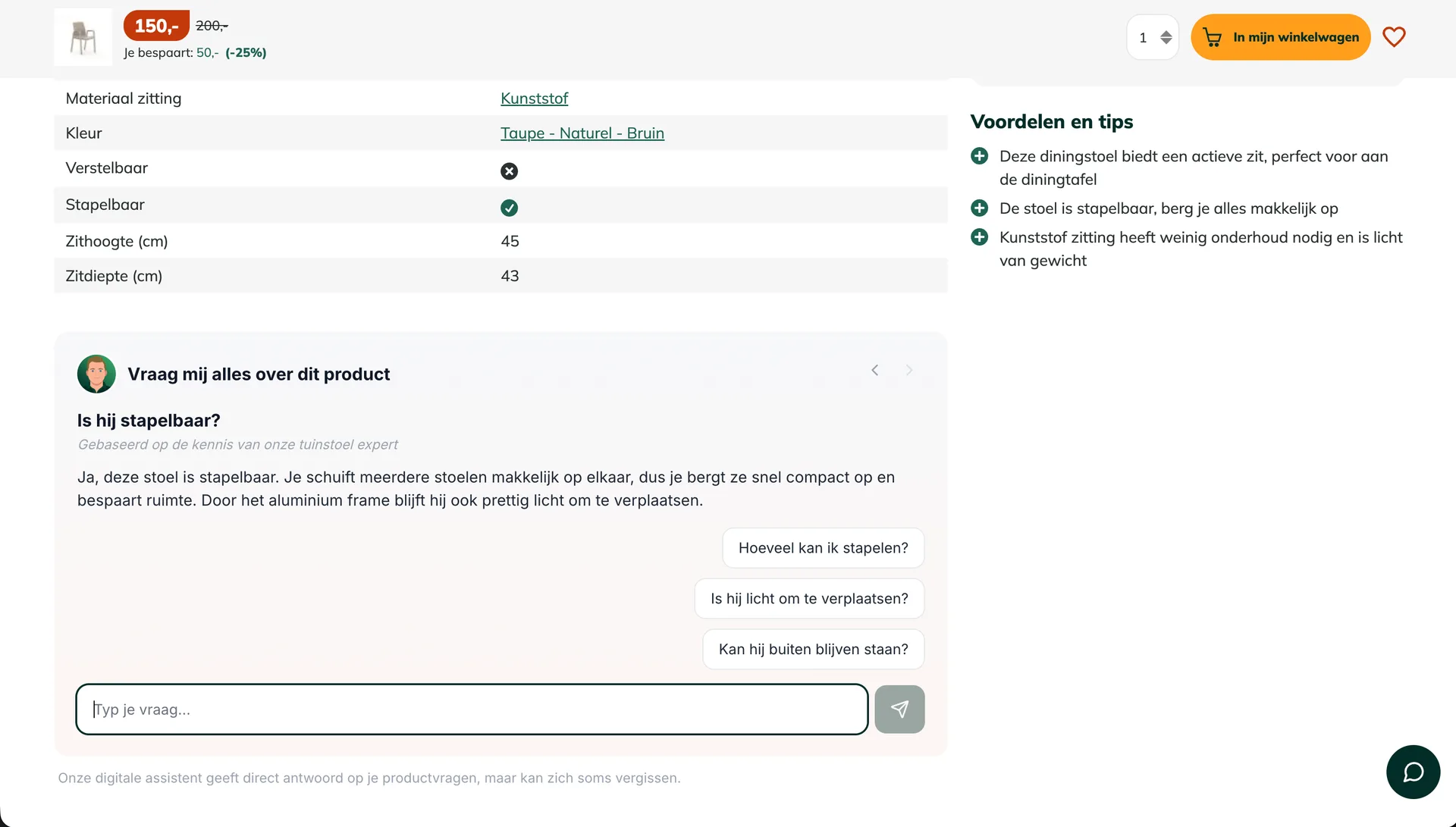 The widget among the specifications on a product page, answering a question about stackability