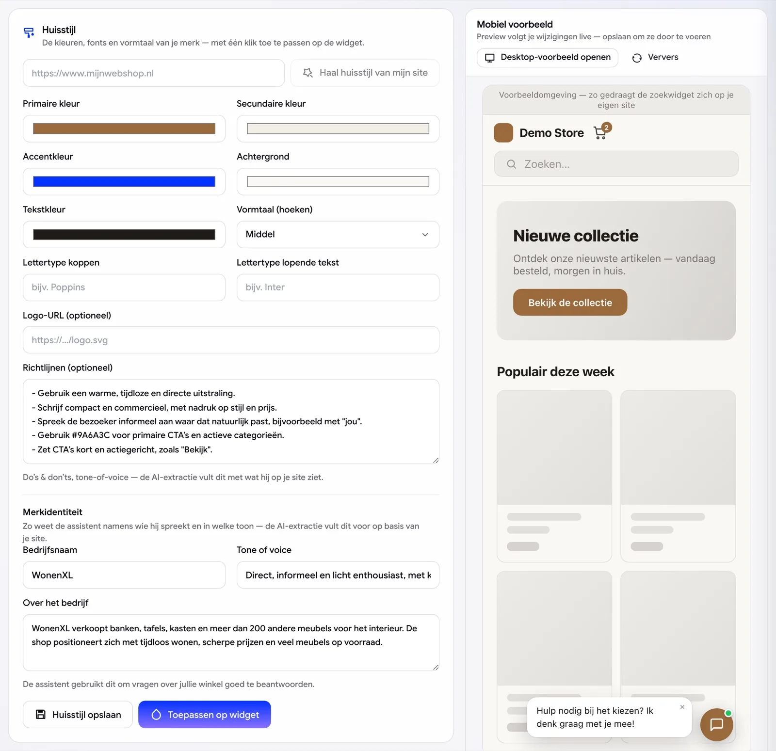 Settings and live preview of the Shopping Assistant widget