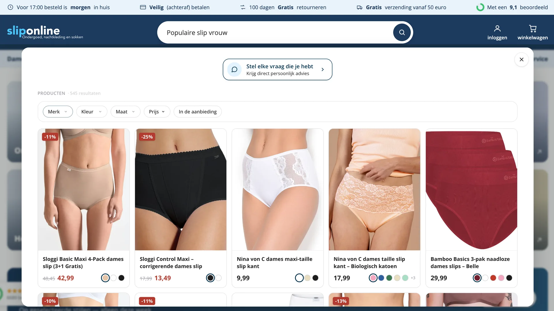 Zoekervaring van Sliponline met relevante productresultaten