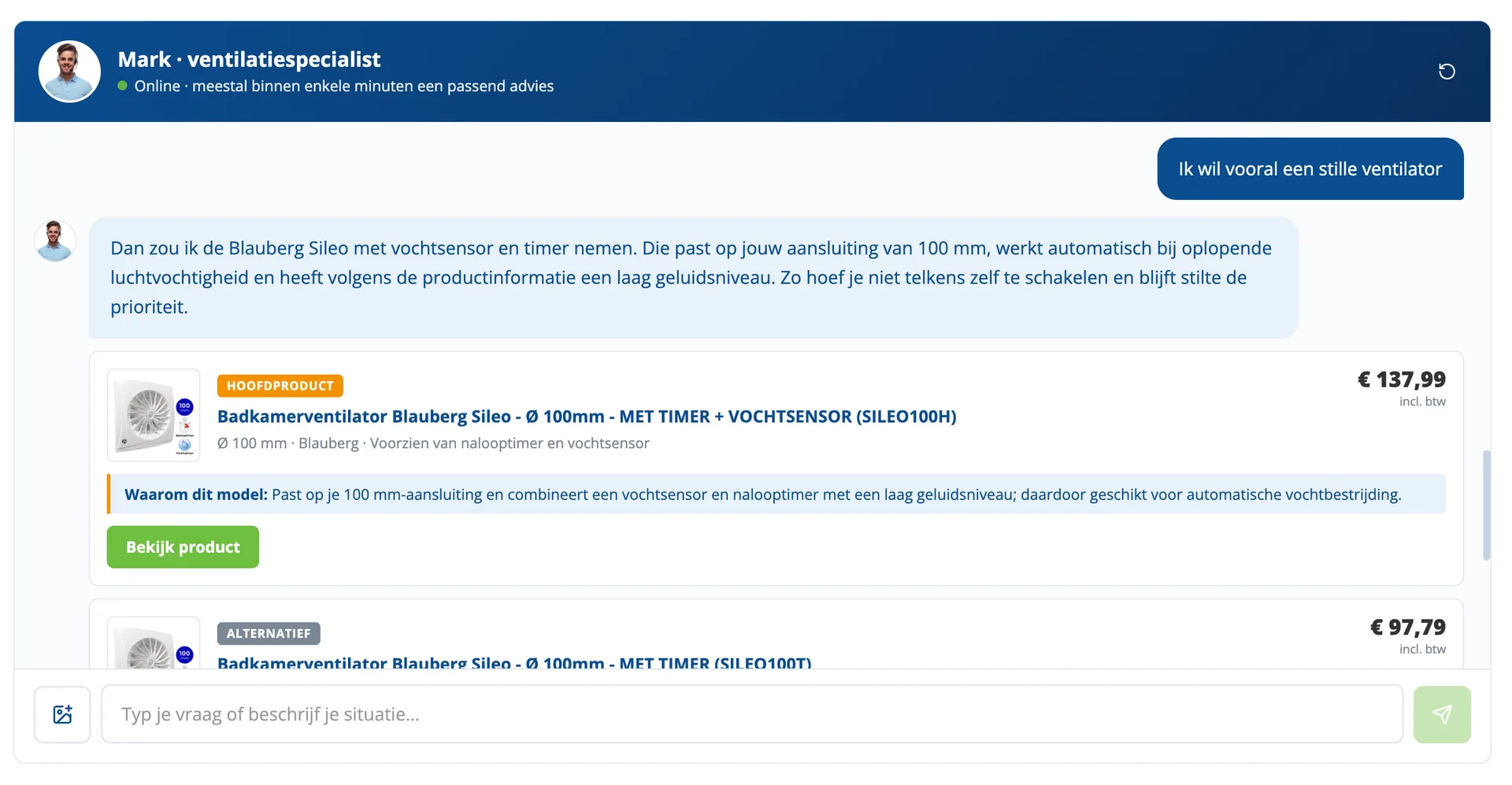 Ventilatieshop assistant with personalized product recommendations