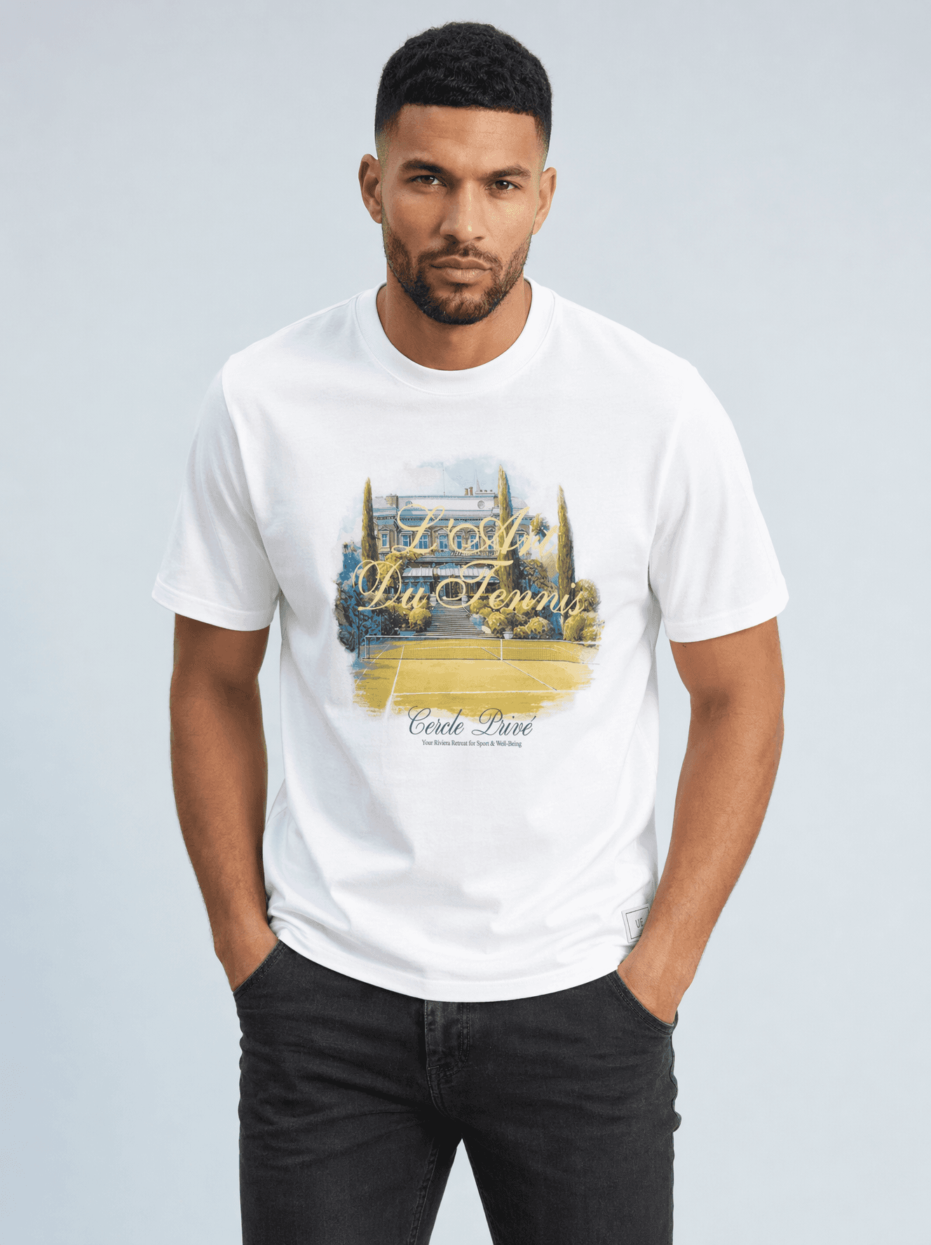 Jalen wears a white graphic T-shirt